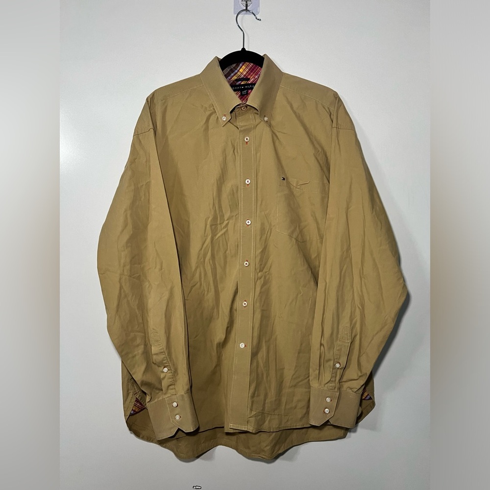 Tommy Hilfiger Beige Brown Khaki Long Sleeve Button Down Dress Shirt Men's Sz XL